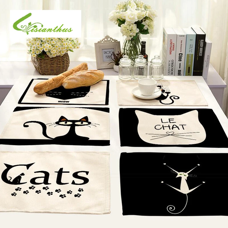 Napperon En Coton Lin Dessin Anime Motif De Chat Set De Table Tapis D Isolation Chaude Tapis De Table A Manger Sous Verres Accessoires De Cuisine 42x32cm Aliexpress