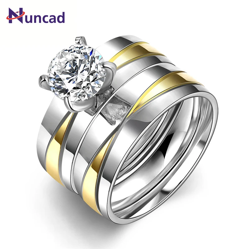 New 2pcs/set Crystal Couple Ring for Women and Men Gold-color Stainless Steel Engagement Ring Wedding Jewelry