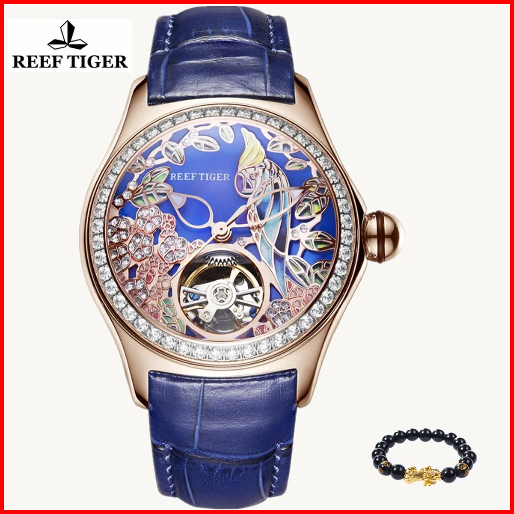 

Reef Tiger 2019 Diamonds Fashion Watch Women Steel Genuine Leather Automatic Analog Waterproof Ladies watch Relogio Feminino