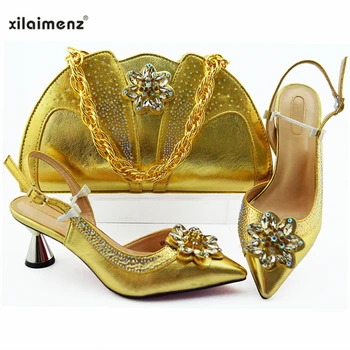

Mature Special Design Gold Color Shoes And Bag To Match Set Italian High Heels Party Shoes And Bag Set For Wedding Dress