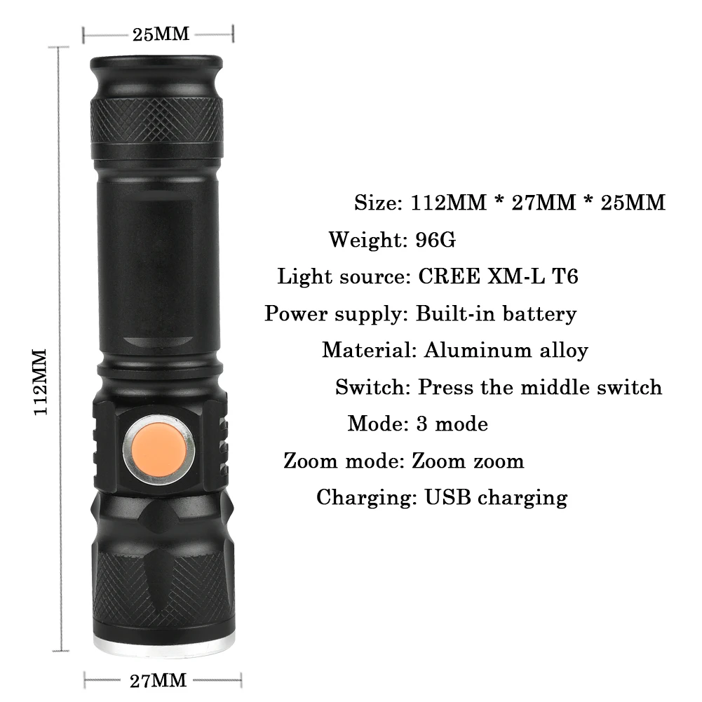 Мини zoomble светодио дный факел фонарик CREE xml t6 usb flash light Фонарь 18650 встроенный аккумулятор ручной фонарь Водонепроницаемый Отдых на природе