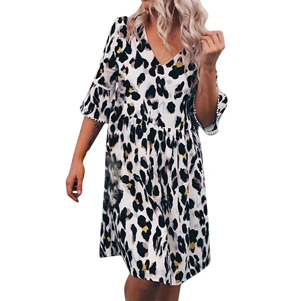 

JAYCOSIN women leopard print A-line midi dress animal pattern V-neck Half sleeve female fashion casual dresses vestidos dropship