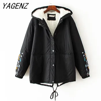 

Winter Big size Loose Women Embroidered Lamb cashmere Jacket Warm Hooded cotton Outerwear Medium long Coat Fashion Clothing 4XL