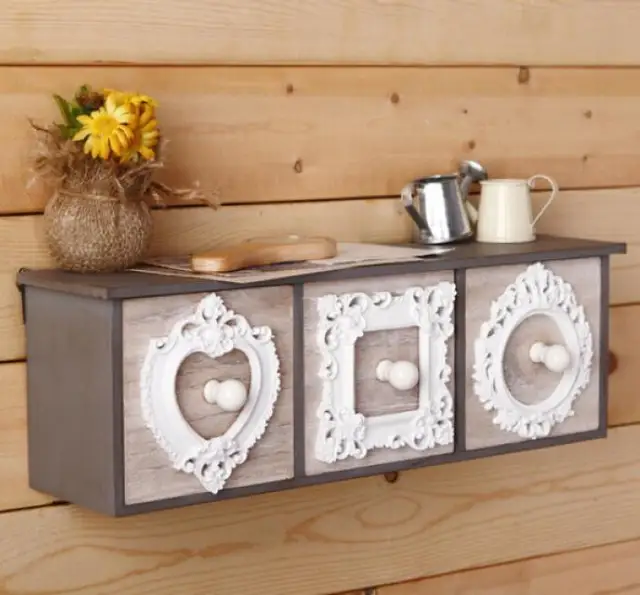 Retro Style Wood Carved Wall Mounted Storage Box Drawer Locker Home
