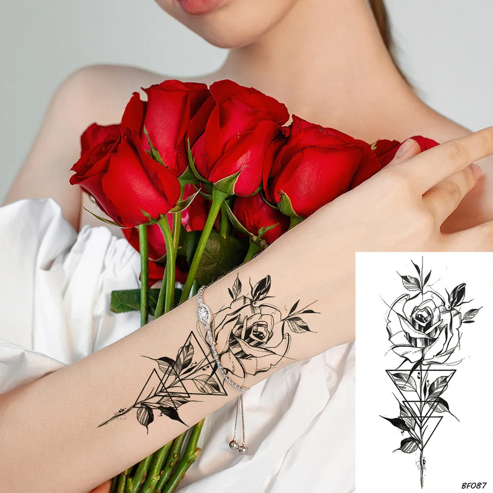 

VANKIRS Sexy Geometry Rose Temporary Tattoo Stickers Women Body Art Flower Fake Tatoos Rose Girls Arm Water Transfer Tattoo