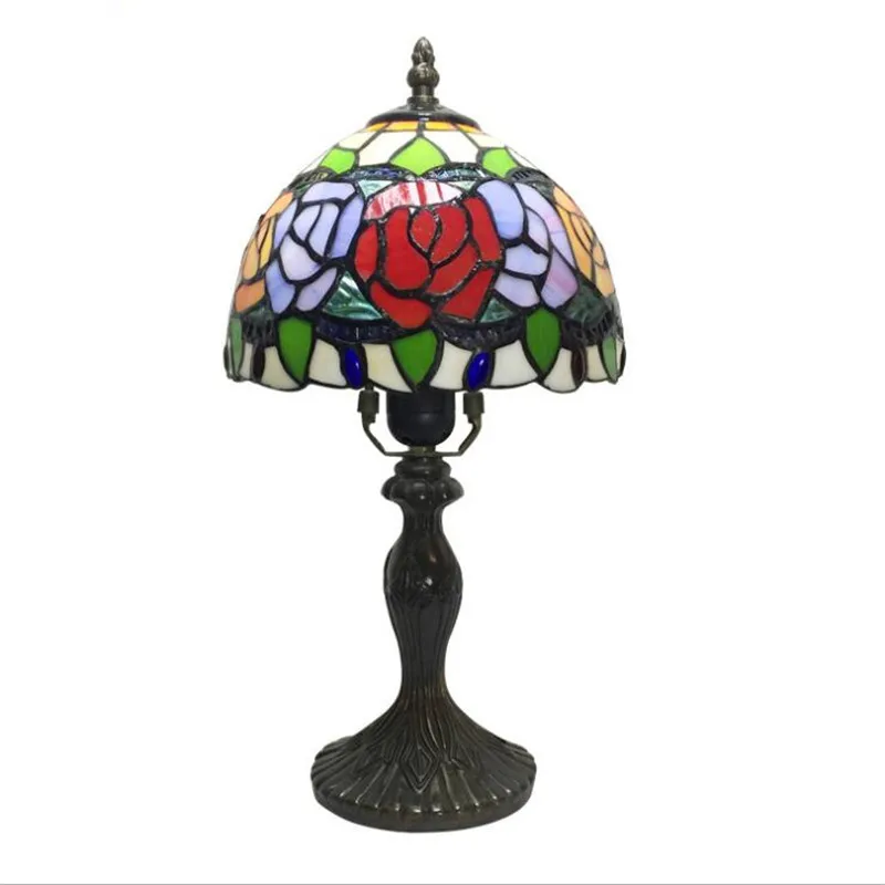 

8" Vintage European Tiffany Art Roses Glass Table Lamp for Foyer Bed Room Bar Apartment Glass Reading Light H 40cm 1031
