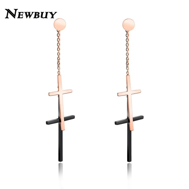 

NEWBUY Classic Design Rose Gold Color Stainless Steel Double Cross Dangle Earrings For Women Long Tassel Drop Earring Wholesale