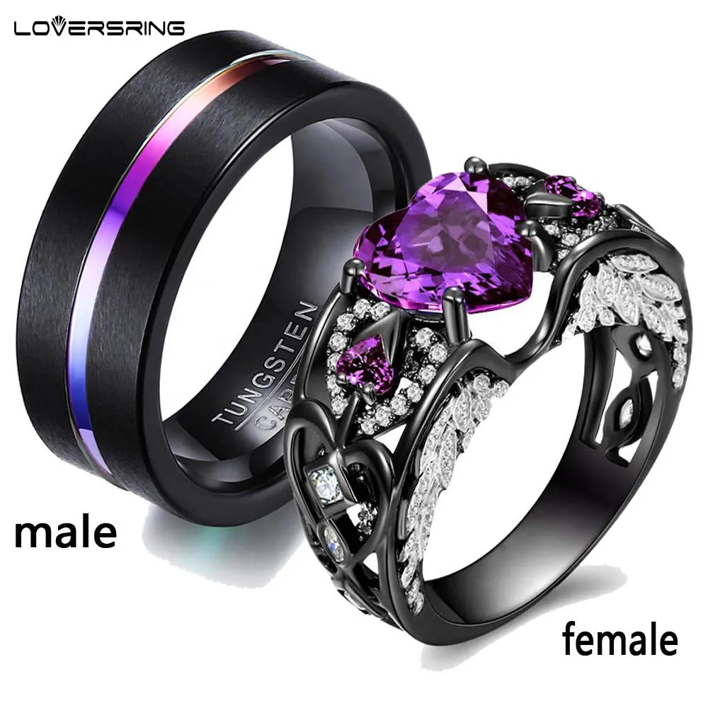 Loversring 2 кольца Пара Черное золото Цвет сердце вырезать Фиолетовый кубического