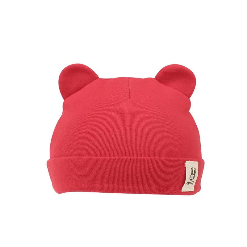 Хлопковая шапка для новорожденных; детская шапочка с заячьими ушками для мальчиков и девочек; однотонная полосатая шапка для новорожденных; сезон весна-лето; детская шапка с ушками - Цвет: Red Bear Ears