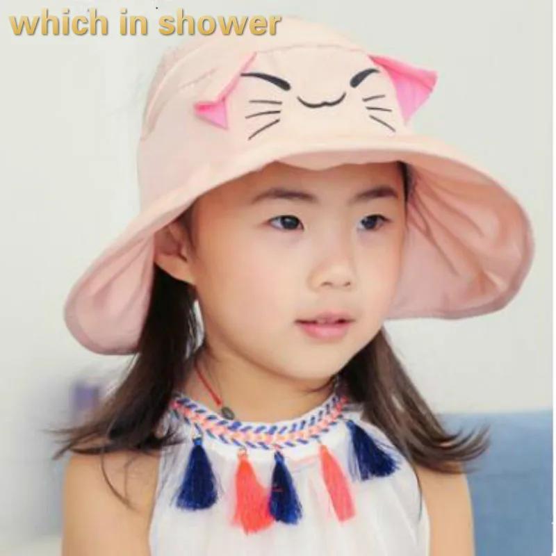 

which in shower solid cartoon cat kids sun hat outdoor summer sunscreen beach cap wide brim children girl foldable panama hat