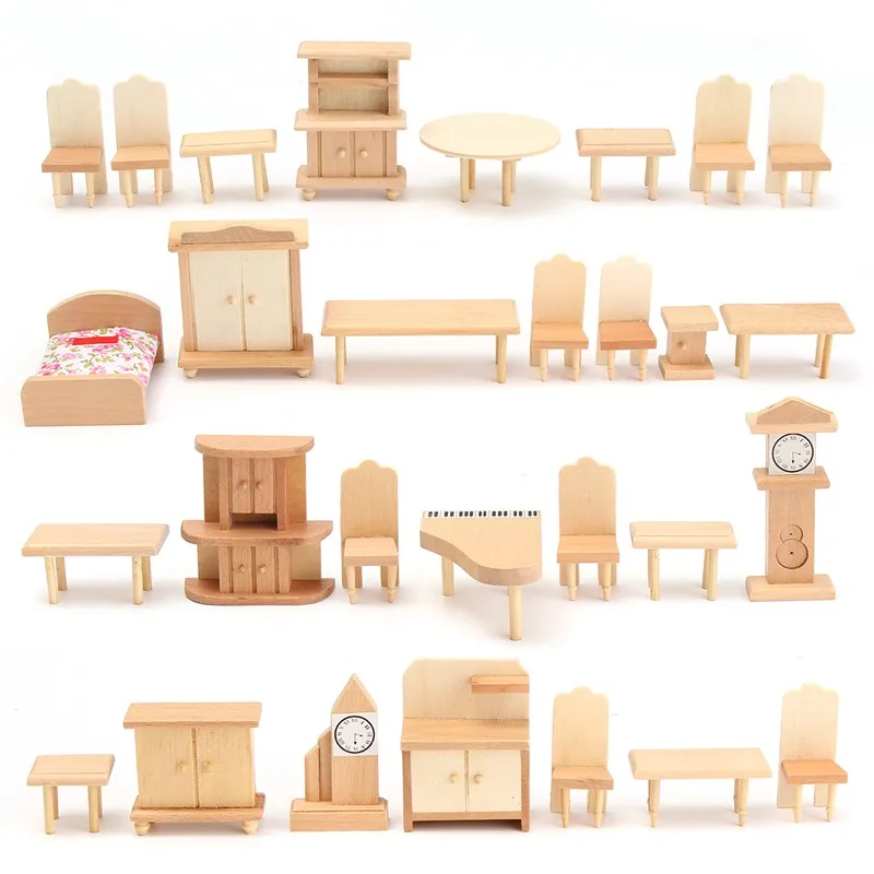 

29Pcs/Set Dollhouse Miniature Unpainted Wooden Furniture Suite 1/24 Scale Model Doll Toys Kids Toys For Children