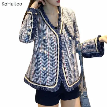 

KoHuiJoo Autumn Women Tweed Blazer Women Beaded Fashion Wool Blazer Jackets Double Breasted Coats Femenino