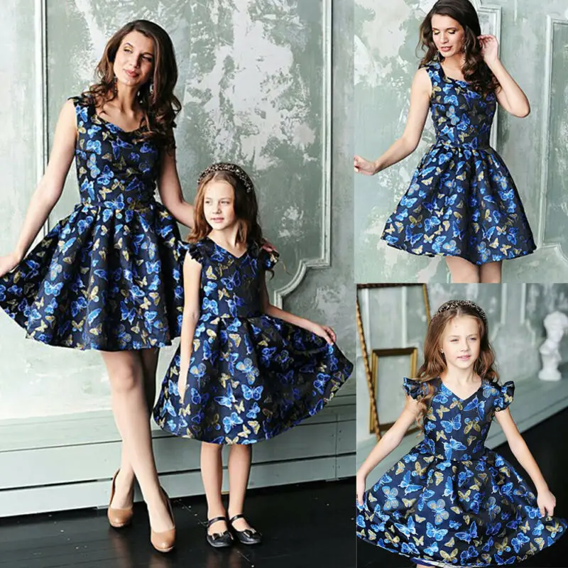 

Mother and Daughter Clothes Parent-child Dress Family Matching V-neck Blue Sleeveless Outfits Baby Girl