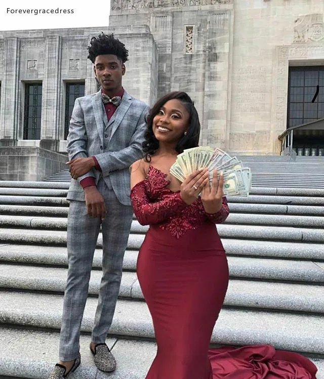 African Black Girls Prom Dress Burgundy Mermaid Long Sleeve Formal Pageant Holidays Wear Graduation Evening Party Gown Plus Size Prom Dresses Aliexpress