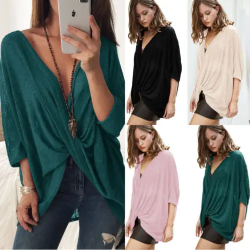 

Fashion Women Long Sleeve Loose Blouse Sexy Deep V-Neck Casual Cross Shirt Spring Autumn Tops Clothing