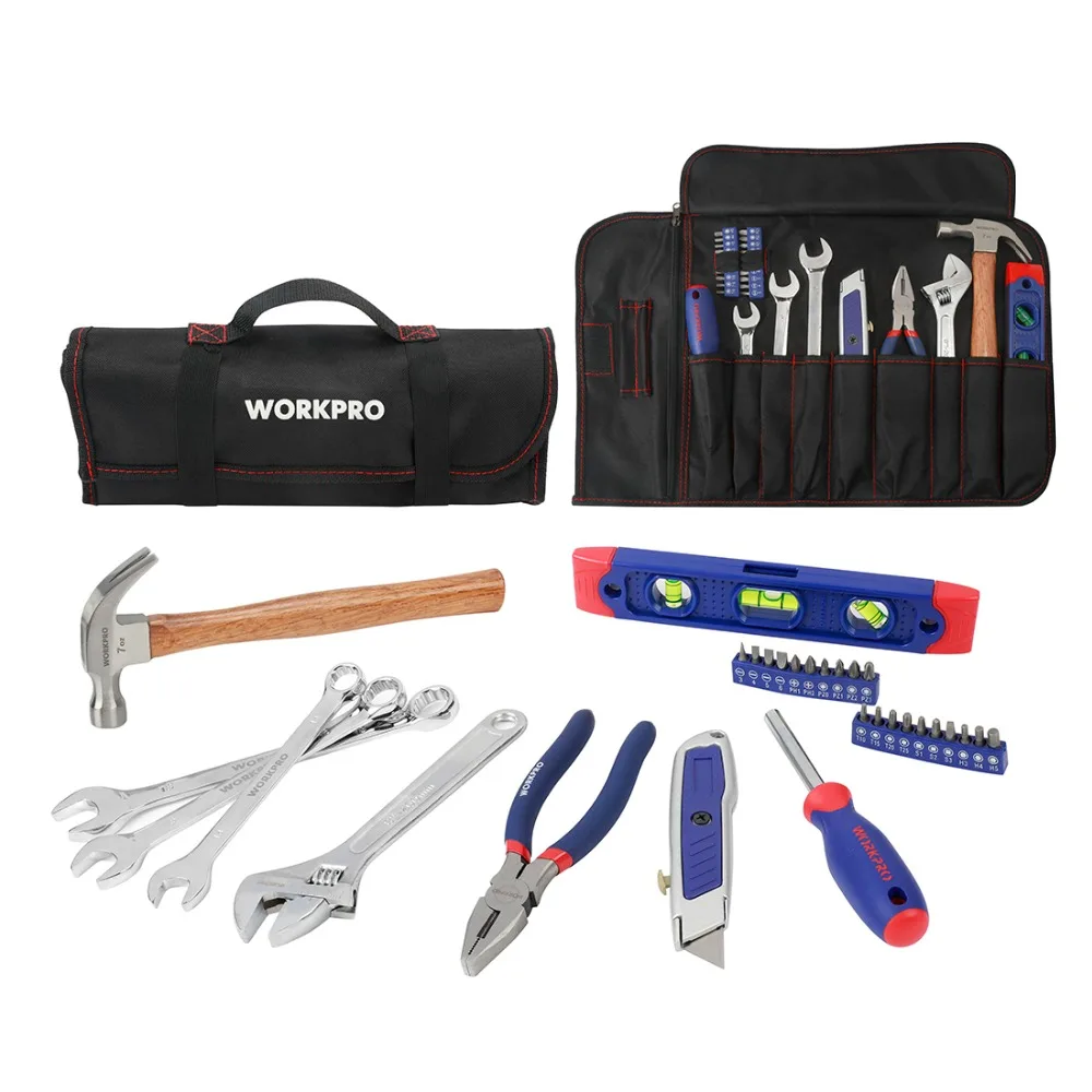 WORKPRO 29 PC набор инструментов для дома ручной инструменты плоскогубцы Ножи Отвертка гаечный ключ молоток метрика Инструменты ролл сумка