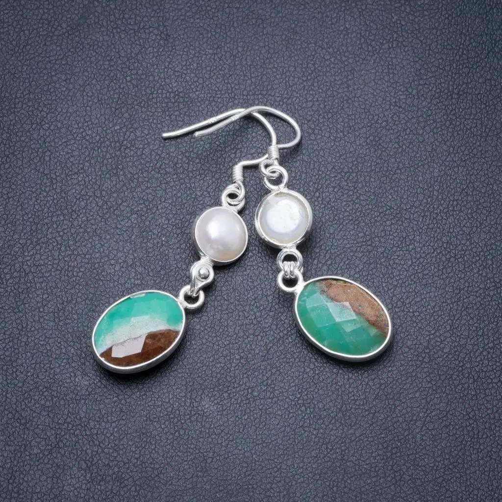 

Natural Australian Chrysoprase and River Pearl Handmade Unique 925 Sterling Silver Earrings 1 3/4" Y2365
