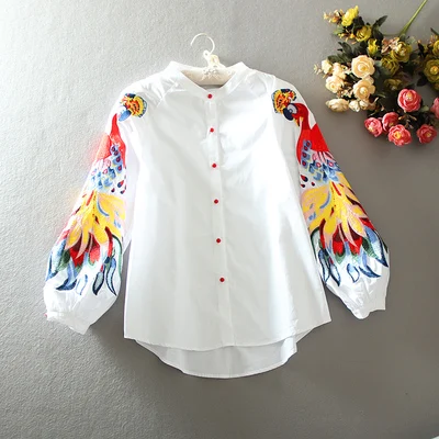 Spring and Summer Cotton Causal Shirts Embroidered Long-sleeved Shirts Woman Full Button Print O-Neck lantern Sleeve Tops - Цвет: white