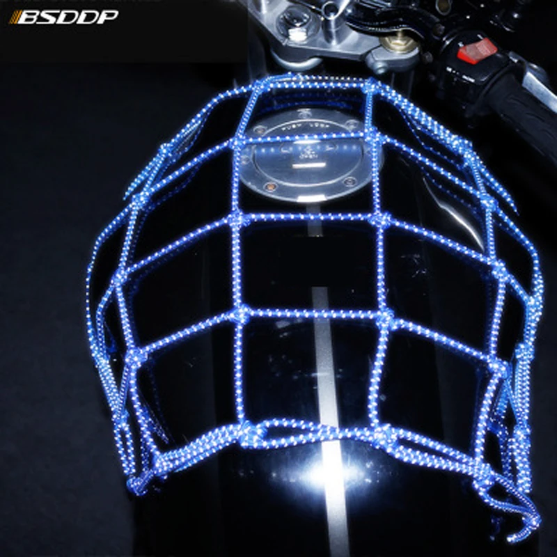 

Cool 40 x 40cm Motorcycle Helmet Holder Reflection Mesh Net Bag Heavy-Duty 6 hooks Hold down Luggage Net Cargo Bungee Rope