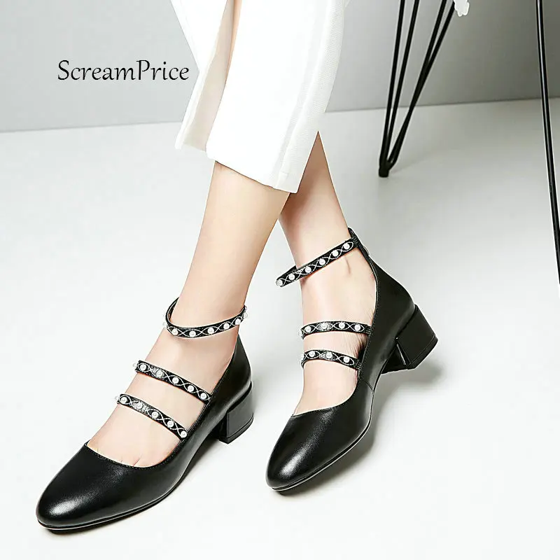 

Women Genuine Leather Comfortable Square Heel With Back Zipper Pumps Fashion Crystal Dress Round Toe Shoes Beige Black