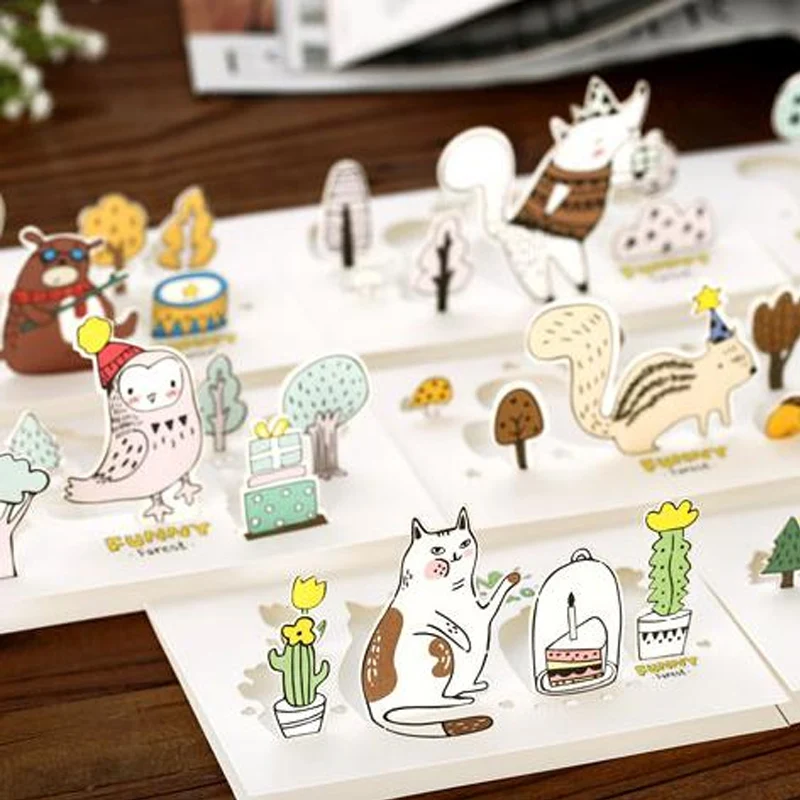 

1 x novelty cartoon forest animals 3D greeting card thank you card birthday christmas gift envelope stationery