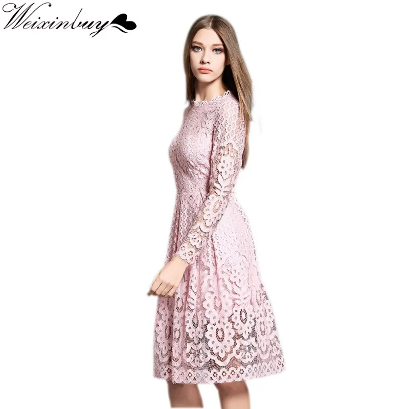 

WEIXINBUY New Summer Women Bohemian Dresses White Lace Cute Long Sleeve Pink/White/Black/Red Dress Clothing Plus Size S4
