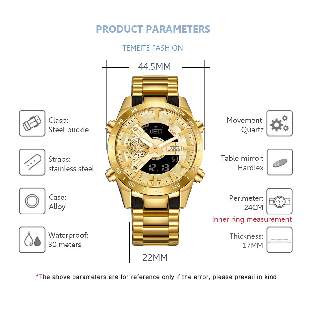 Temeite Brand Gold Mens Watches Sport Watch Men LED Dual Display Wristwatch Male Water Resistant Luminous Relogio Masculino