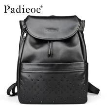Padieoe Black top grain real cow leather backpack new fashion rivet women backpack 2016 high quality backpacks for teenage girls