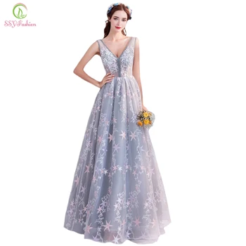 

SSYFashion New The Banquet Elegant Evening Dress Sleeveless V-neck Grey Lace Appliques Sequins Floor-length Party Formal Gown