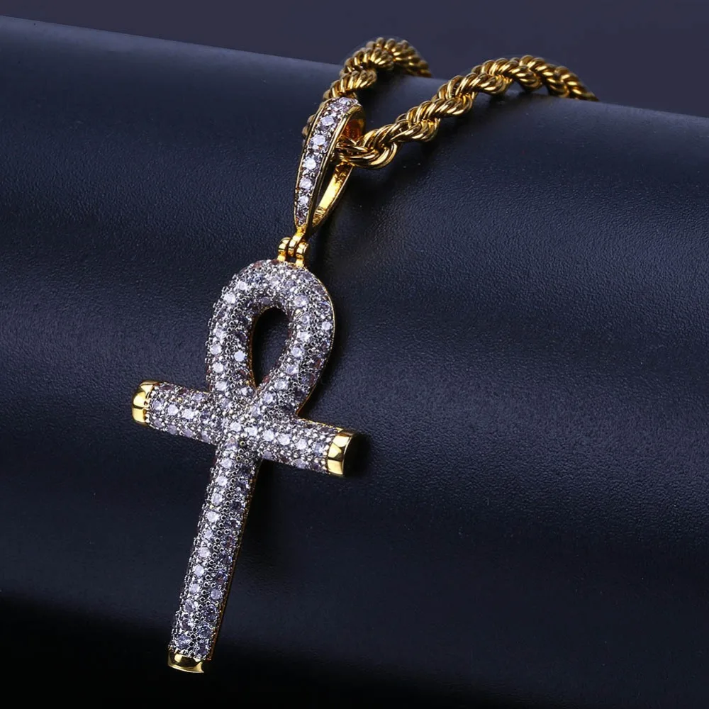 

Men's Punk Micro Pave Cuban Link Iced Out Cubic Zircon Hip Hop Jewelry Ankh Key Ethiopian Cross Choker Pendant Necklace Women