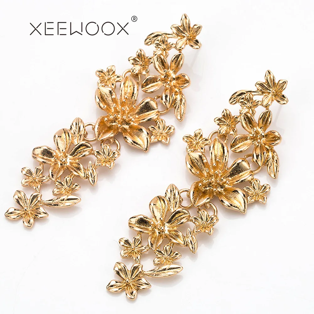 XEEWOOX New Fashion Trendy Simple Vintage Gold Metal Earrings For Women party Jewelry long Circle Multi Layers flower |