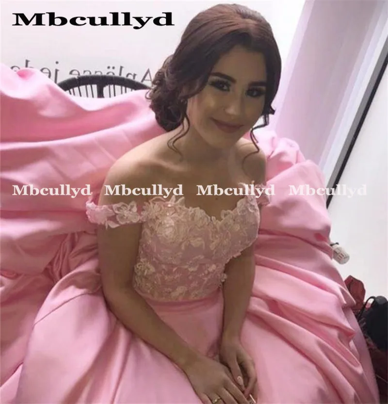 Mbcullyd роскошное бальное платье пышные платья сексуальное платье с открытыми плечами vestido de 15 anos шикарное кружевное платье с аппликацией розовый сладкий 16