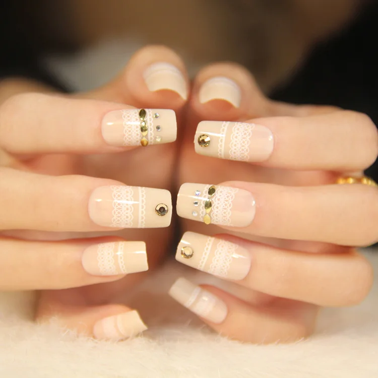 French lace pattern false nails Cute acrylic fake 3D for bride Japanese middle-long size full nail tips pure color | Красота и