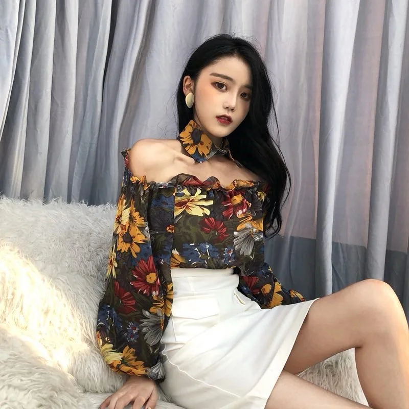 

Fashion Woman Blouses 2019 Ruffles Long Sleeve Off Shoulder Top Femme Women's Blouse Shirt Floral Print Womens Tops and Blouses