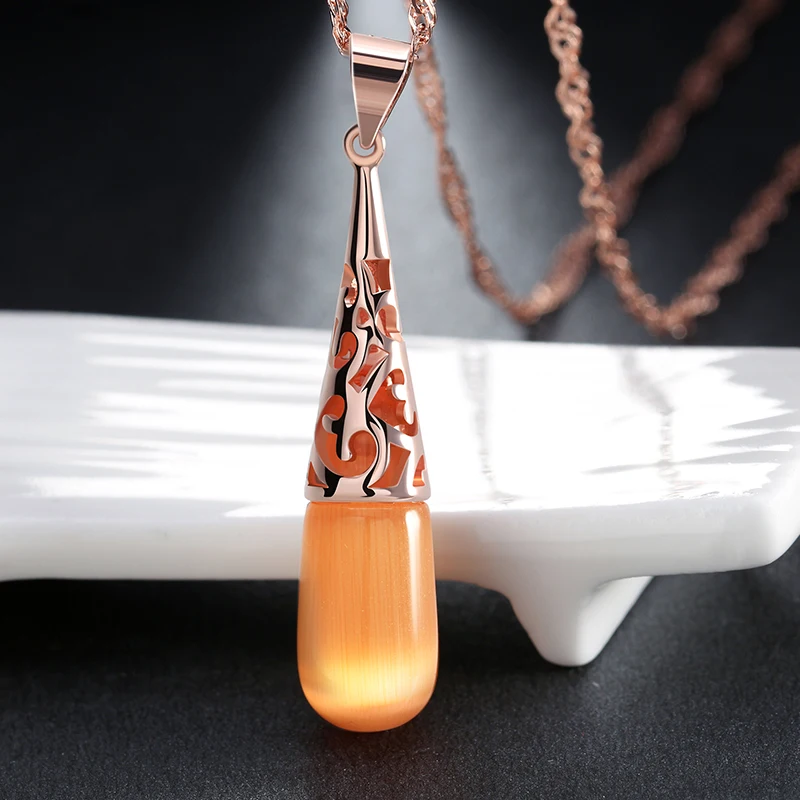 

ORSA JEWELS Silver Necklaces Cat's Eye Stone Pendant Necklace Water Drop Style,Luxury Necklace on Rose Gold Color DON59