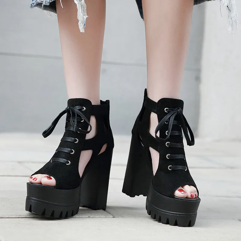 

YMECHIC 2019 Summer 13cm High Heels Sandals Women Cross Tied Zipper Peep Toe Gothic Platform Sandals Gladiator Punk Women Shoes