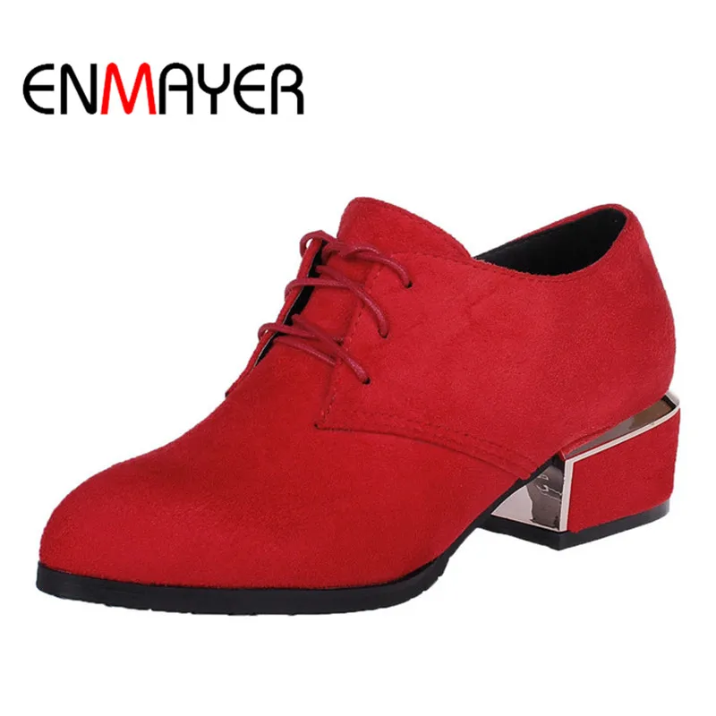

ENMYAYER Spring/Autumn Flock Shoes Women Med Heel Lace-up Concise Woman Pumps Pointed Toe Office&Career Lady Shoes Large Size