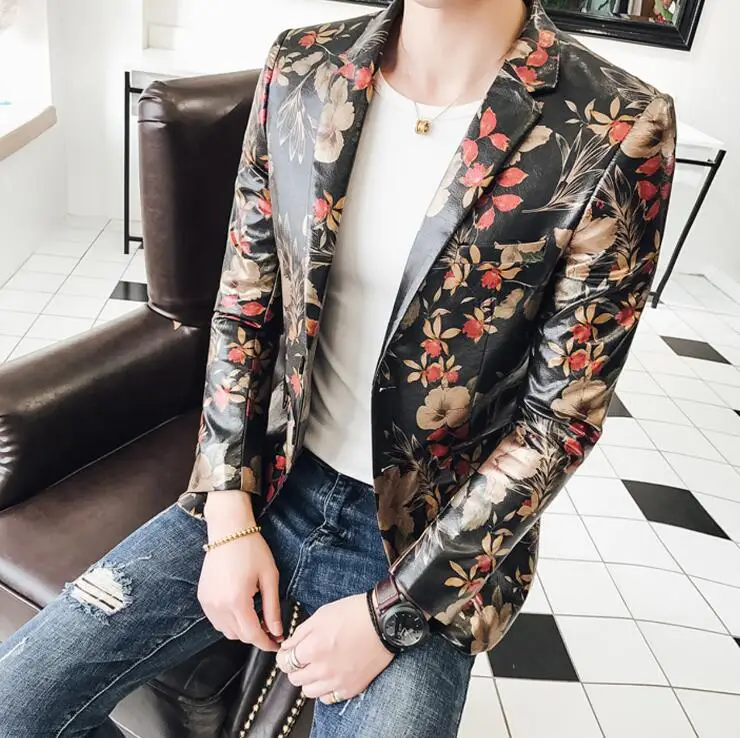 Brand Mens Leather Blazers Slim Fit Floral Blazer Jacket Stage Costumes