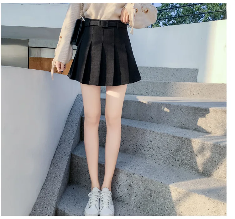 Новая модная шерстяная плиссированная мини-юбка для женщин с высокой талией зимняя женская шерстяная юбка с поясом Женская