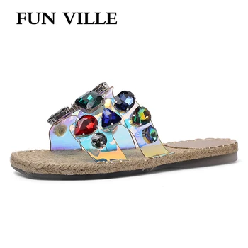 

FUN VILLE New Fashion Transparent Summer Slippers Sequined Cloth Women Outside Slippers Sexy Female Flat shoes Open toe Slippers