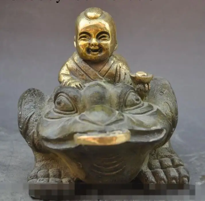 

S00492 5"chinese fengshui bronze wealth money coin boy lad golden toad spittor statue B0403