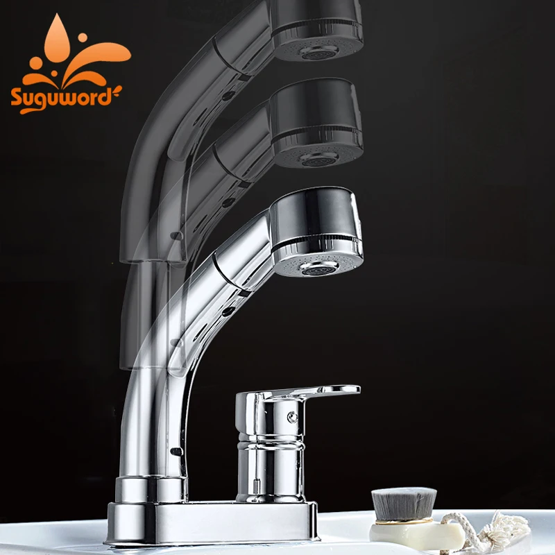 

Suguword Chrome Basin Faucet Single Holder Two Hole liftable and Rotatable Hot and Cold Switch Pull Out Spout