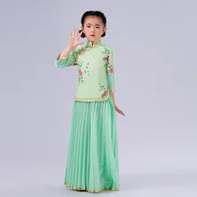 2 предмета, детские танцевальные костюмы высокого качества, костюм для девочек в китайском стиле, детский китайский костюм, китайское народное платье, Блузка+ юбка