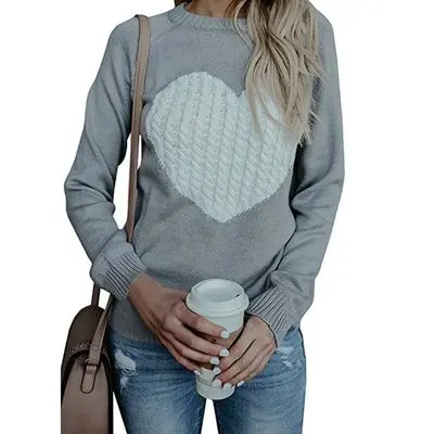 Осенний свитер, джемпер, топы, новинка, Модный женский свитер, Женский двусторонний Вязанный свитер, пуловеры с узором в виде сердца - Цвет: Gray