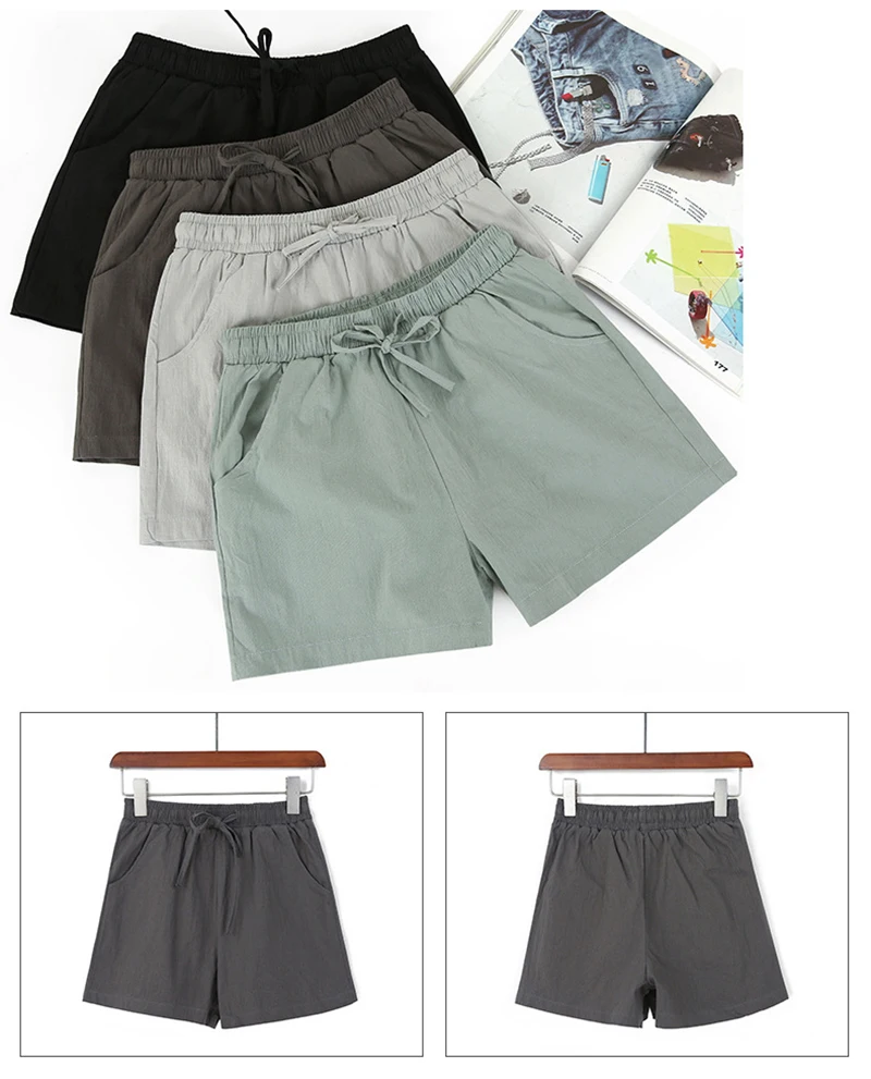 Летние хлопковые и льняные шорты женские черные, серые, зеленые широкие Короткие штаны с карманами на шнуровке с эластичной талией шорты Новинка