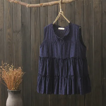 

KYQIAO women bohemian shirt 2020 mori girls summer Japanese style stand collar white navy blue red embroidery hollow blouse