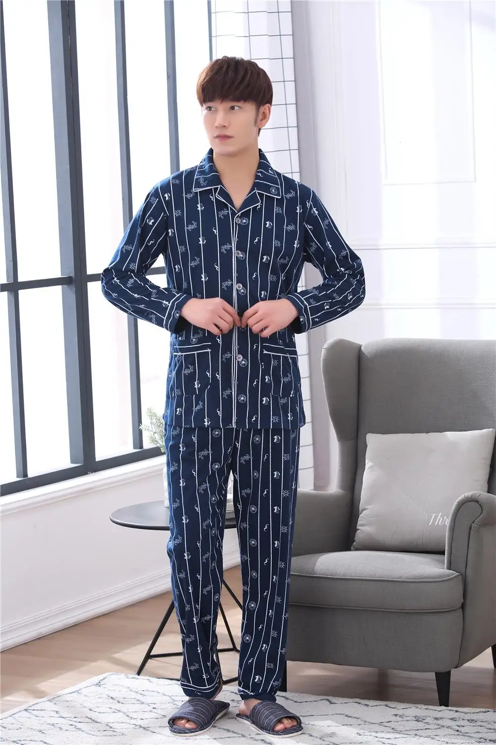 Для мужчин пижамы демисезонный пижама с длинными рукавами хлопок плед кардиган Lounge наборы для ухода за кожей плюс разме
