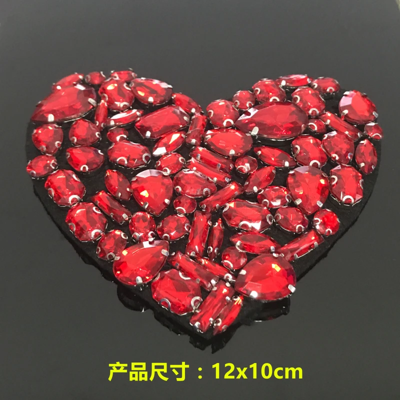 

big size red heart rhinestones bead patches applique vintage crystal fabric sew on patch fashion clothing bags decoration patch