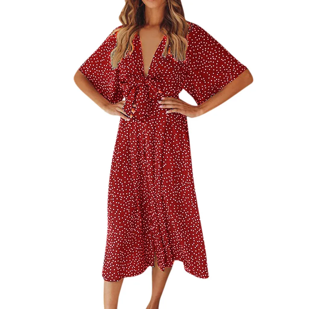 

Sleeper #401 2019 NEW FASHION Womens Beach Sexy Casual V Neck Dot Bohemia Bow Tie Print Long Dress casual hot sale Free Shipping