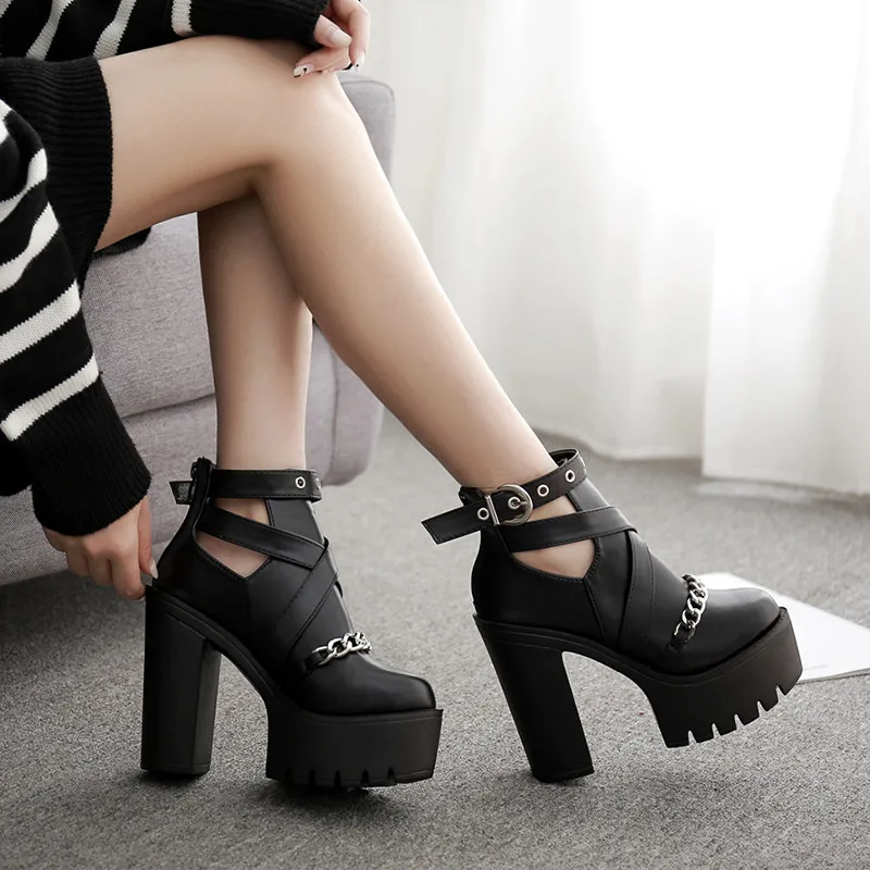 

YMECHIC Autumn 2019 Extreme High Heels Black Goth Punk Platform Womens Shoes Chain Cross Strap Ankle Buckle Boot Woman Pumps